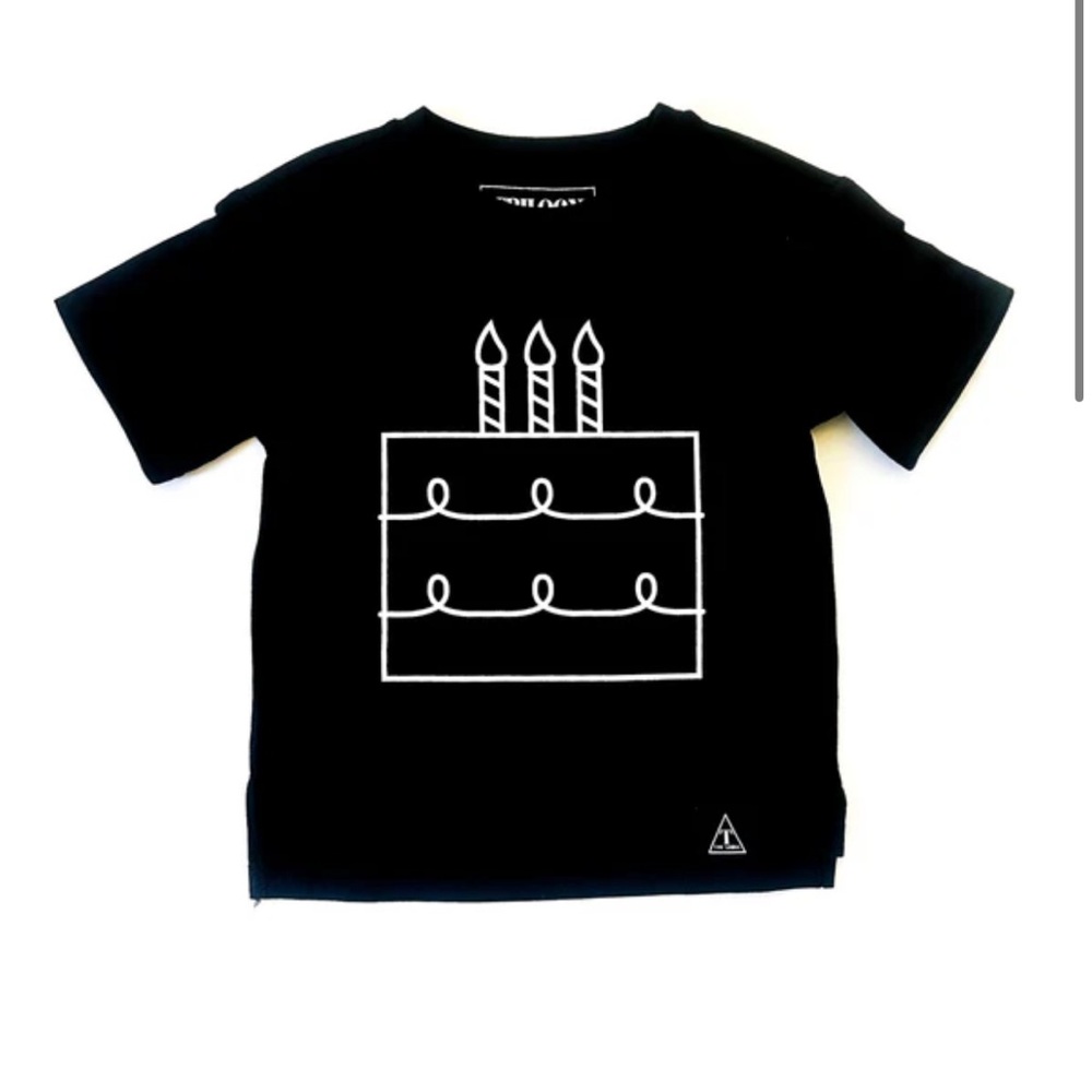 Trilogy Design Black Kids Tee with Birthday Cake Graphic